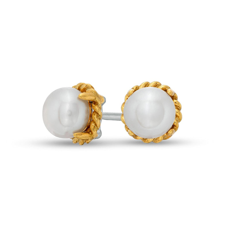 6.0-6.5mm Button Cultured Freshwater Pearl Rope-Textured Frame Stud Earrings in Sterling Silver and 10K Gold