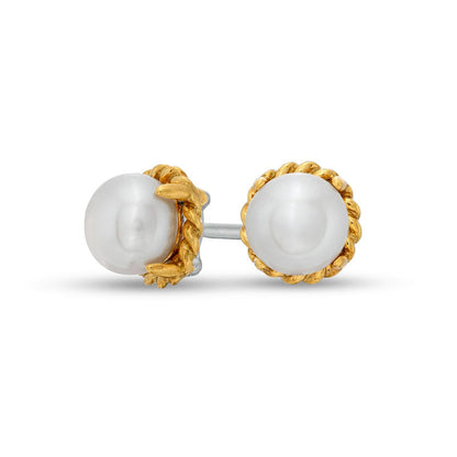 6.0-6.5mm Button Cultured Freshwater Pearl Rope-Textured Frame Stud Earrings in Sterling Silver and 10K Gold