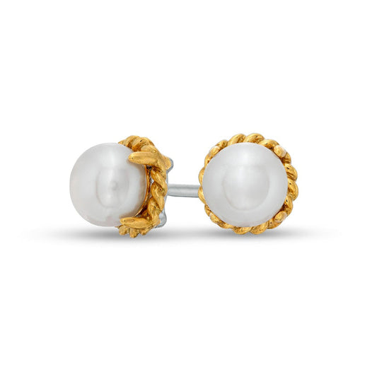 6.0-6.5mm Button Cultured Freshwater Pearl Rope-Textured Frame Stud Earrings in Sterling Silver and 10K Gold