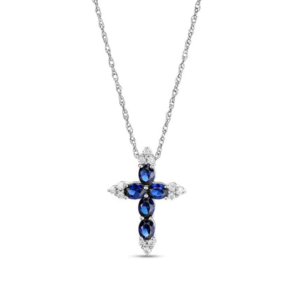Oval Blue and White Lab-Created Sapphire Tri-Point Cross Pendant in Sterling Silver