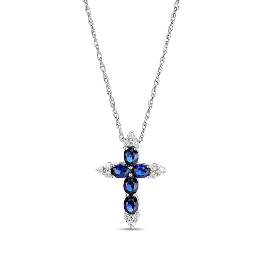 Oval Blue and White Lab-Created Sapphire Tri-Point Cross Pendant in Sterling Silver