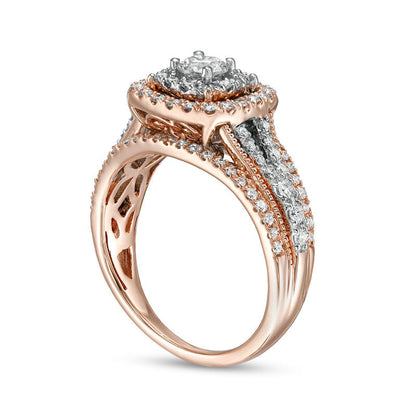 1.0 CT. T.W. Natural Diamond Double Cushion-Shaped Frame Antique Vintage-Style Engagement Ring in Solid 14K Rose Gold (I/I2)