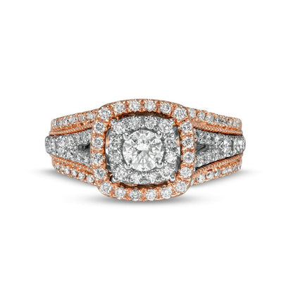 1.0 CT. T.W. Natural Diamond Double Cushion-Shaped Frame Antique Vintage-Style Engagement Ring in Solid 14K Rose Gold (I/I2)