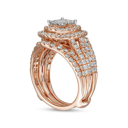 2.0 CT. T.W. Princess-Cut Quad Natural Diamond Frame Multi-Row Bridal Engagement Ring Set in Solid 14K Rose Gold (I/I2)