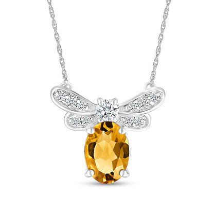 Oval Citrine and White Lab-Created Sapphire Dragonfly Necklace in Sterling Silver