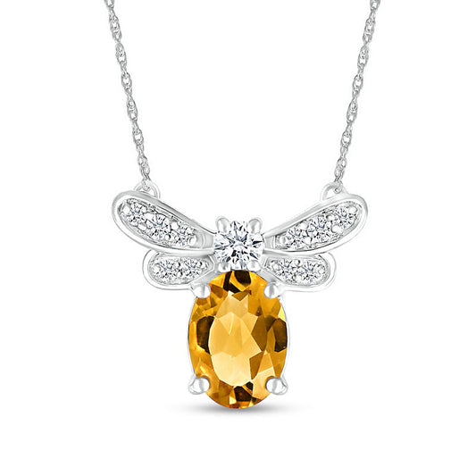 Oval Citrine and White Lab-Created Sapphire Dragonfly Necklace in Sterling Silver