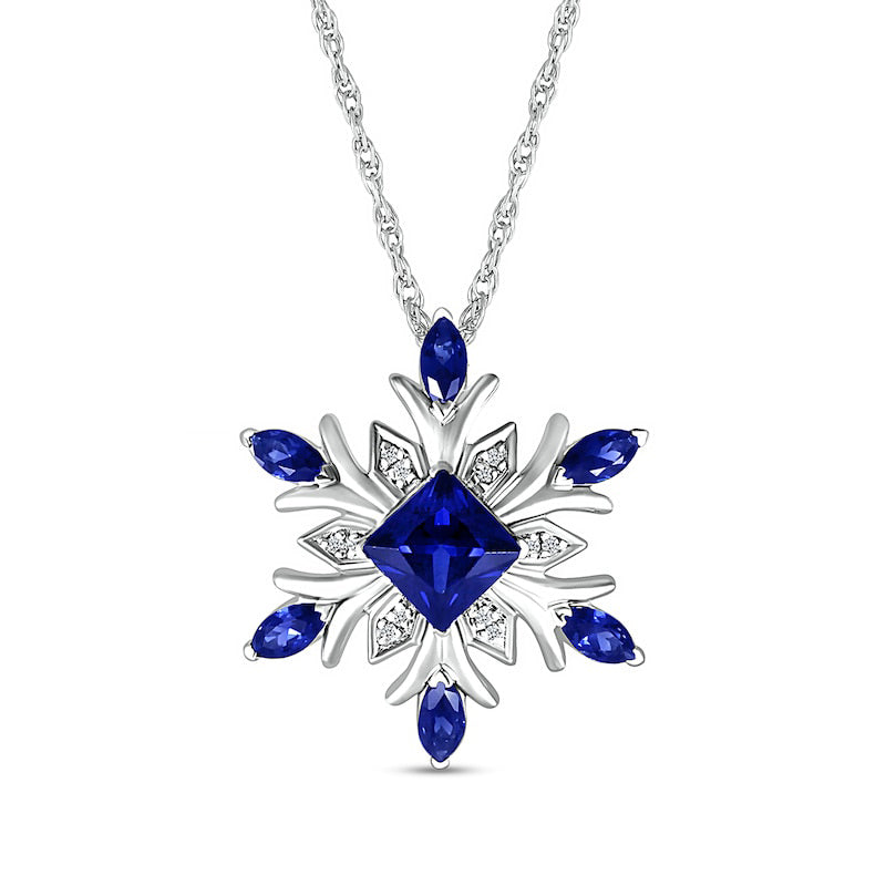 5.0mm Princess-Cut and Marquise Blue Lab-Created Sapphire with Diamond Accent Snowflake Pendant in Sterling Silver