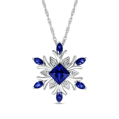 5.0mm Princess-Cut and Marquise Blue Lab-Created Sapphire with Diamond Accent Snowflake Pendant in Sterling Silver