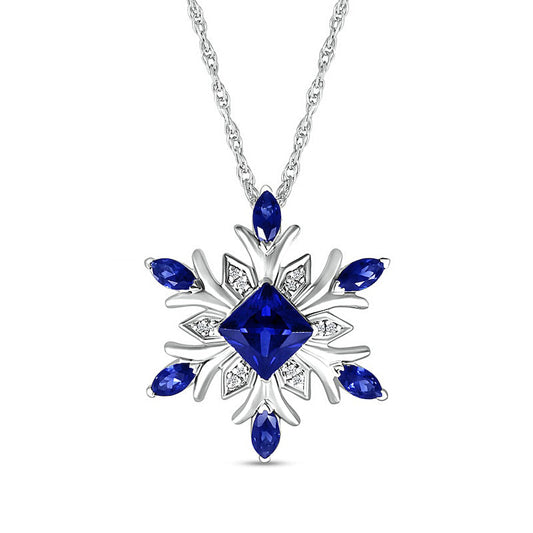 5.0mm Princess-Cut and Marquise Blue Lab-Created Sapphire with Diamond Accent Snowflake Pendant in Sterling Silver