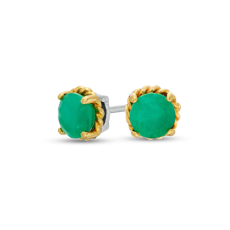 6.0mm Emerald Solitaire Rope-Textured Frame Stud Earrings in Sterling Silver and 10K Gold