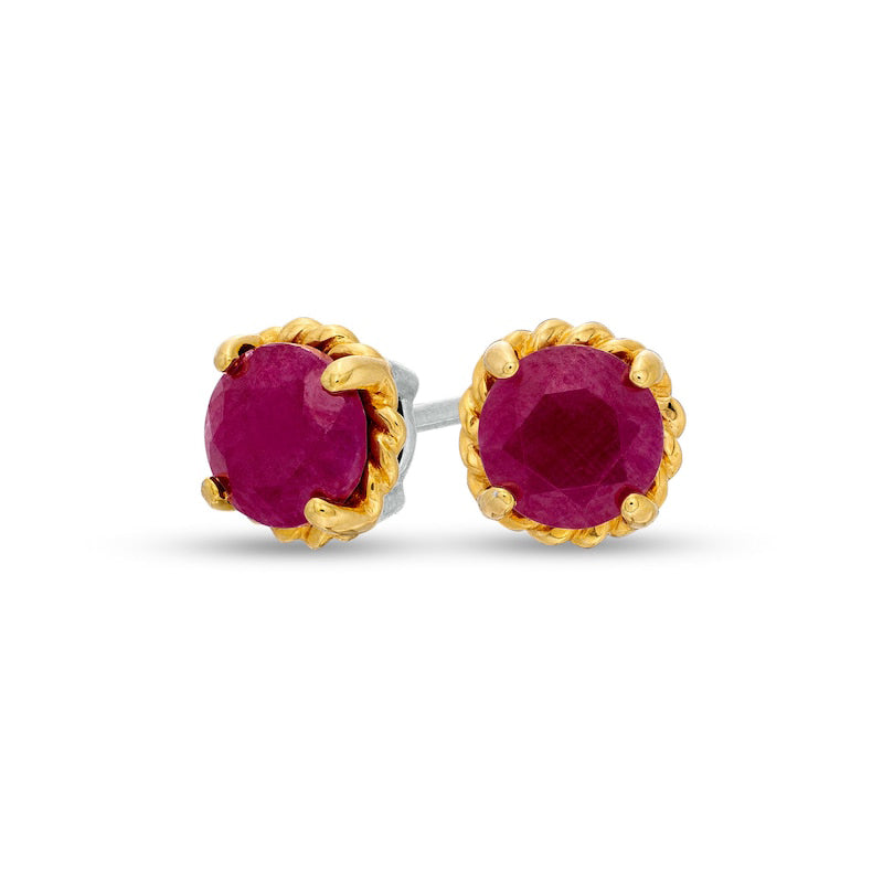 6.0mm Ruby Solitaire Rope-Textured Frame Stud Earrings in Sterling Silver and 10K Gold