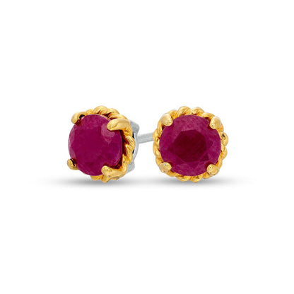 6.0mm Ruby Solitaire Rope-Textured Frame Stud Earrings in Sterling Silver and 10K Gold