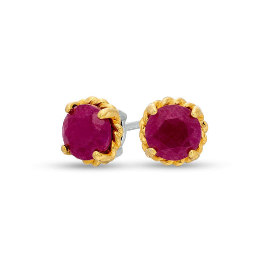6.0mm Ruby Solitaire Rope-Textured Frame Stud Earrings in Sterling Silver and 10K Gold