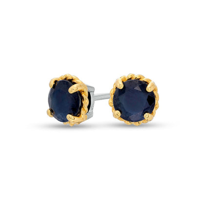 6.0mm Blue Sapphire Solitaire Rope-Textured Frame Stud Earrings in Sterling Silver and 10K Gold