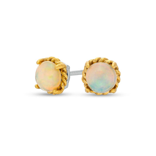 6.0mm Opal Solitaire Rope-Textured Frame Stud Earrings in Sterling Silver and 10K Gold