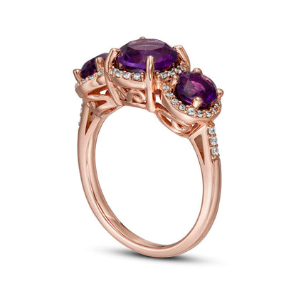 Amethyst and 0.20 CT. T.W. Natural Diamond Frame Three Stone Ring in Solid 14K Rose Gold