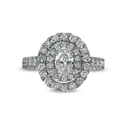 1.5 CT. T.W. Oval Natural Diamond Double Frame Engagement Ring in Solid 14K White Gold (I/SI2)
