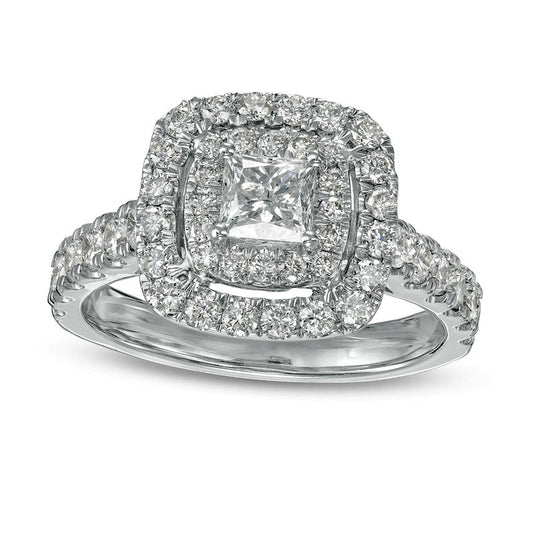 1.5 CT. T.W. Princess-Cut Natural Diamond Double Frame Engagement Ring in Solid 14K White Gold (I/I2)