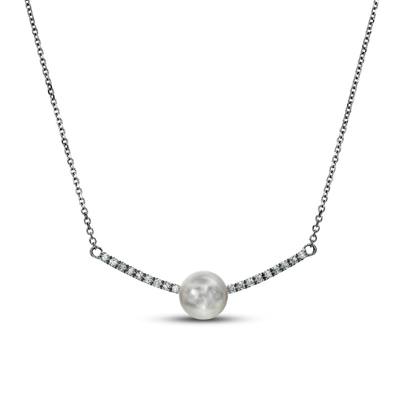 7.0-7.5mm Cultured Freshwater Pearl and 0.13 CT. T.W. Natural Diamond Curved Bar Necklace in 10K White Gold