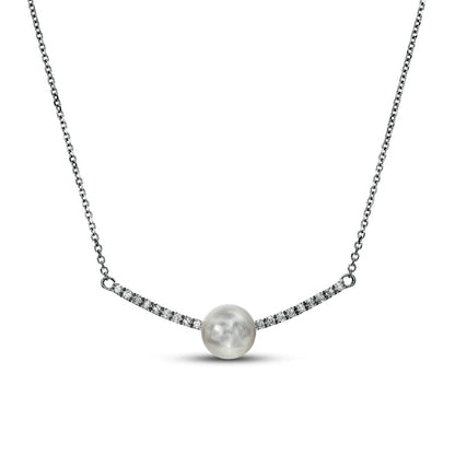 7.0-7.5mm Cultured Freshwater Pearl and 0.13 CT. T.W. Natural Diamond Curved Bar Necklace in 10K White Gold
