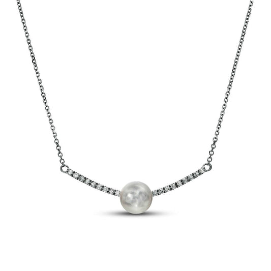 7.0-7.5mm Cultured Freshwater Pearl and 0.13 CT. T.W. Natural Diamond Curved Bar Necklace in 10K White Gold