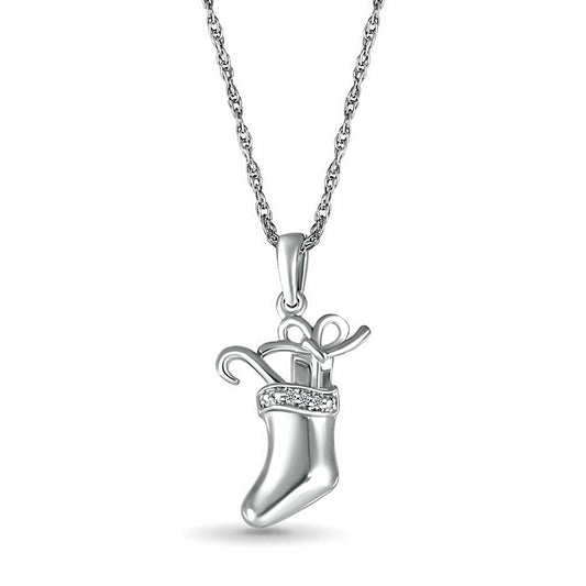 Natural Diamond Accent Stocking with Gifts Pendant in Sterling Silver