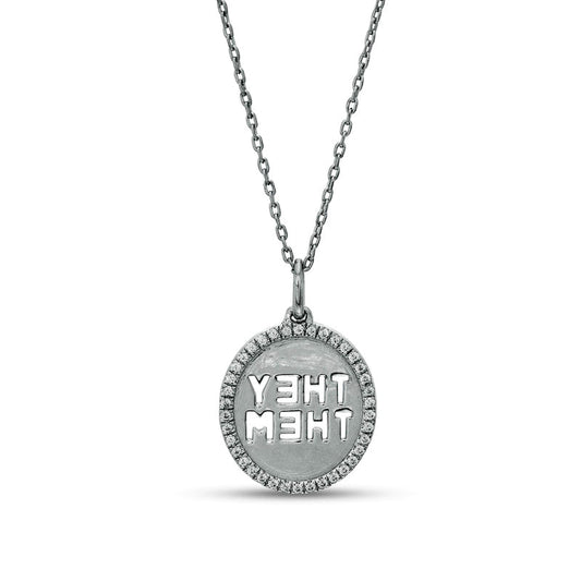 0.17 CT. T.W. Natural Diamond Frame THEY/THEM" Circle Cutout Pendant in Sterling Silver"