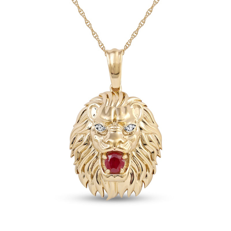 Men's 4.0mm Ruby and Natural Diamond Accent Lion Head Pendant in 10K Yellow Gold - 22