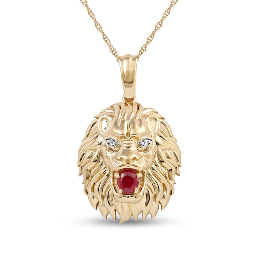 Men's 4.0mm Ruby and Natural Diamond Accent Lion Head Pendant in 10K Yellow Gold - 22