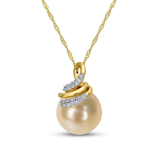 9.0-10.0mm Baroque Golden Cream South Sea Pearl and 0.1 CT. T.W. Natural Diamond Swirl Top Pendant in 14K Gold - 17