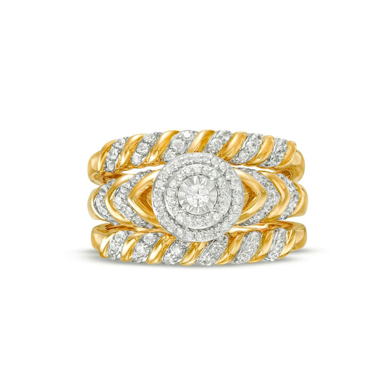 0.50 CT. T.W. Natural Diamond Double Frame Spiral Three Piece Bridal Engagement Ring Set in Solid 10K Yellow Gold (J/I3)