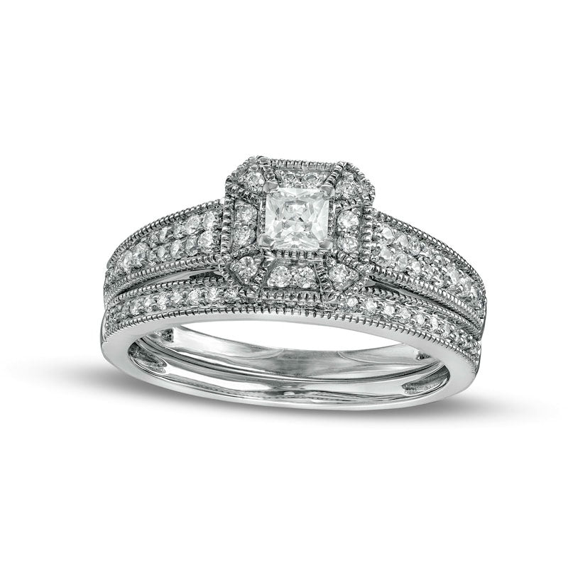 0.50 CT. T.W. Princess-Cut Natural Diamond Frame Three Piece Bridal Engagement Ring Set in Solid 10K White Gold (J/I3)