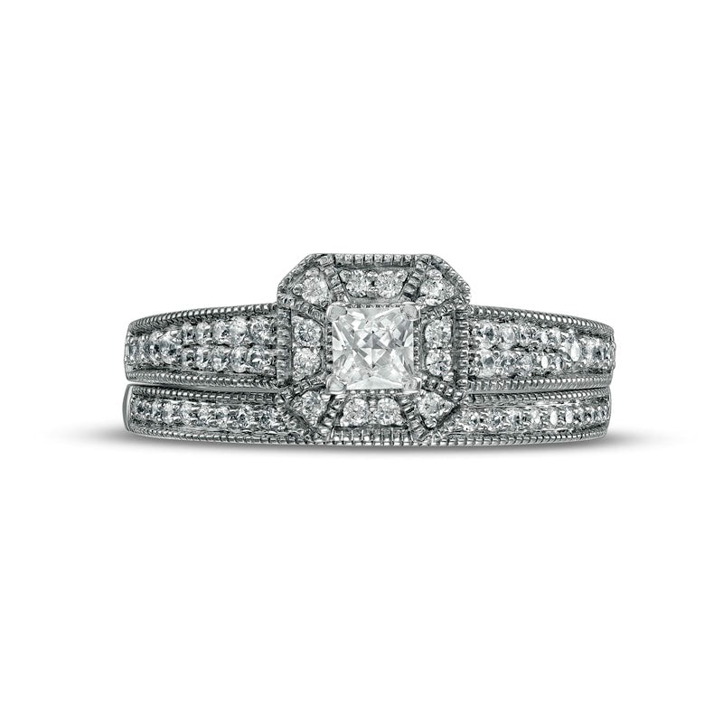 0.50 CT. T.W. Princess-Cut Natural Diamond Frame Three Piece Bridal Engagement Ring Set in Solid 10K White Gold (J/I3)
