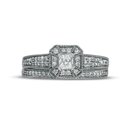 0.50 CT. T.W. Princess-Cut Natural Diamond Frame Three Piece Bridal Engagement Ring Set in Solid 10K White Gold (J/I3)