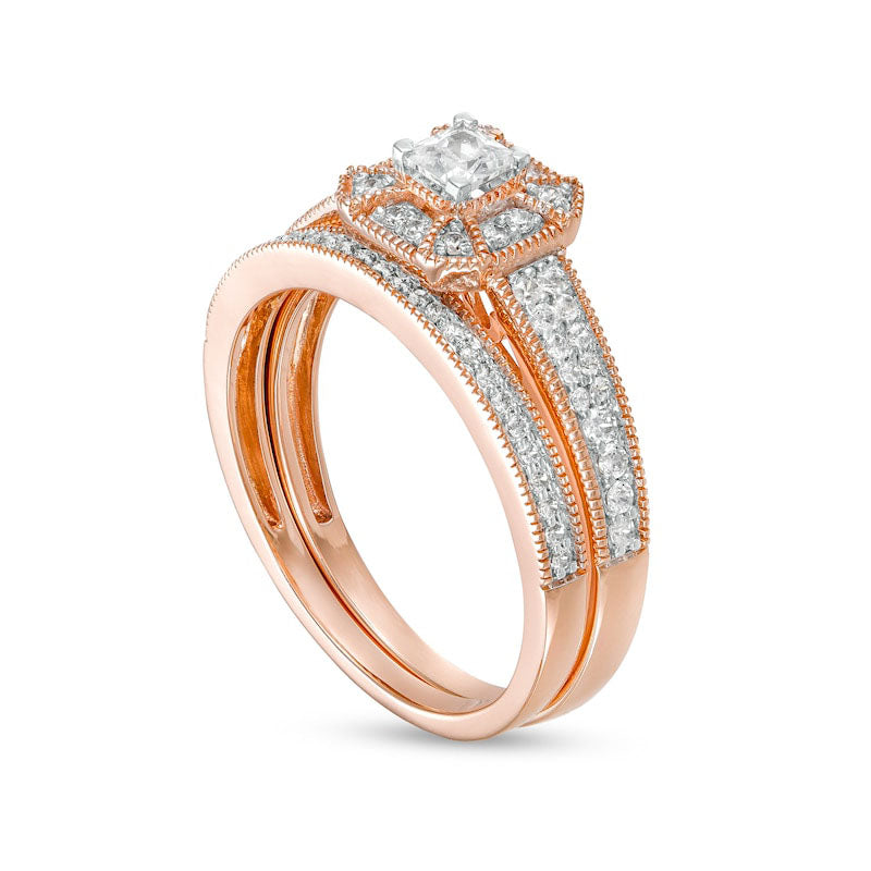 0.50 CT. T.W. Princess-Cut Natural Diamond Frame Three Piece Bridal Engagement Ring Set in Solid 10K Rose Gold (J/I3)
