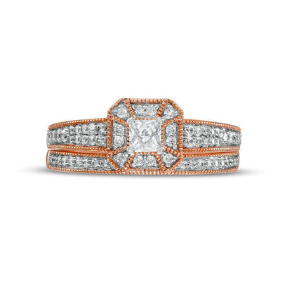 0.50 CT. T.W. Princess-Cut Natural Diamond Frame Three Piece Bridal Engagement Ring Set in Solid 10K Rose Gold (J/I3)