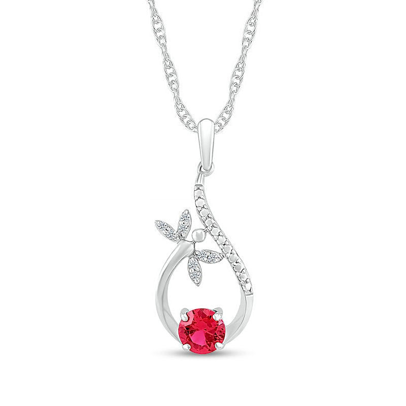 5.0mm Lab-Created Ruby and Diamond Accent Beaded Flying Dragonfly Loop Teardrop Pendant in Sterling Silver