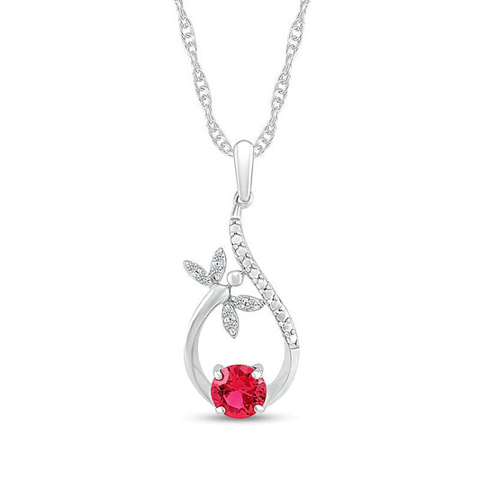 5.0mm Lab-Created Ruby and Diamond Accent Beaded Flying Dragonfly Loop Teardrop Pendant in Sterling Silver