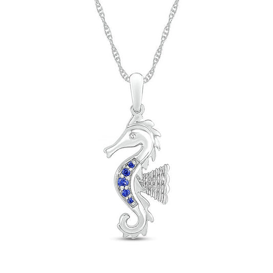 Blue Lab-Created Sapphire Graduated Five Stone Seahorse Pendant in Sterling Silver