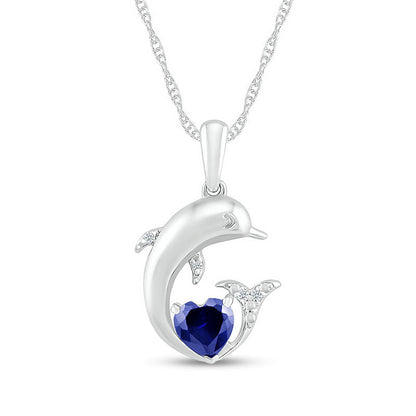 5.0mm Heart-Shaped Blue Lab-Created Sapphire and Diamond Accent Beaded Dolphin Pendant in Sterling silver