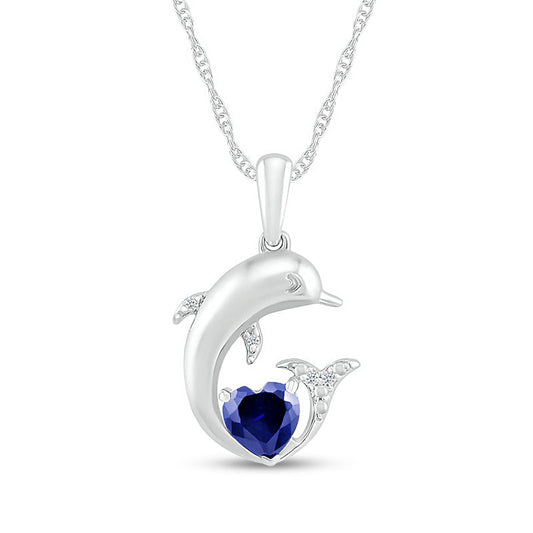 5.0mm Heart-Shaped Blue Lab-Created Sapphire and Diamond Accent Beaded Dolphin Pendant in Sterling silver