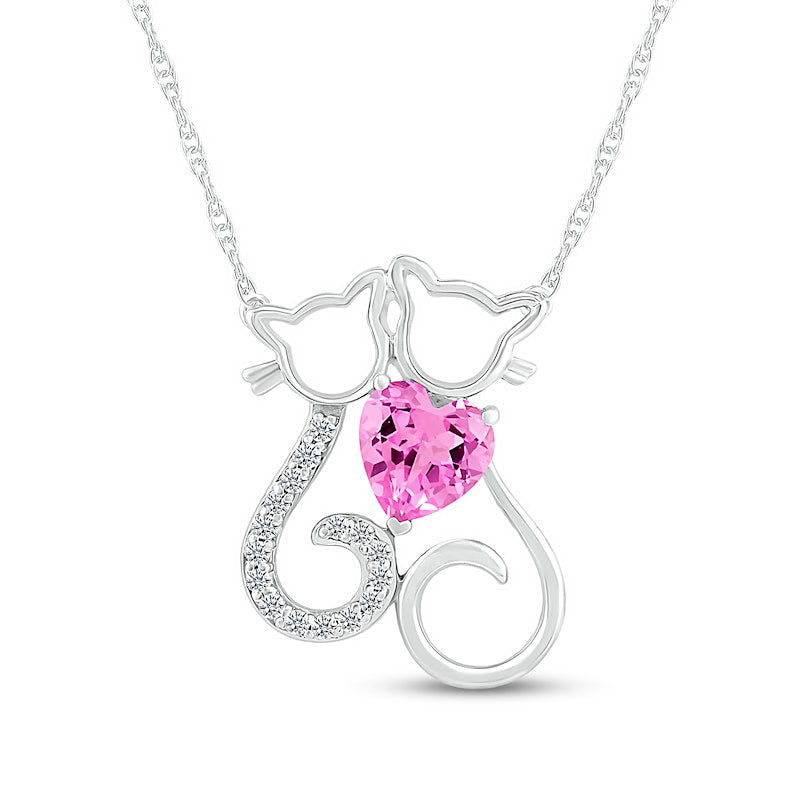 6.0mm Heart-Shaped Pink and White Lab-Created Sapphire Motherly Love Cat and Kitten Necklace in Sterling Silver