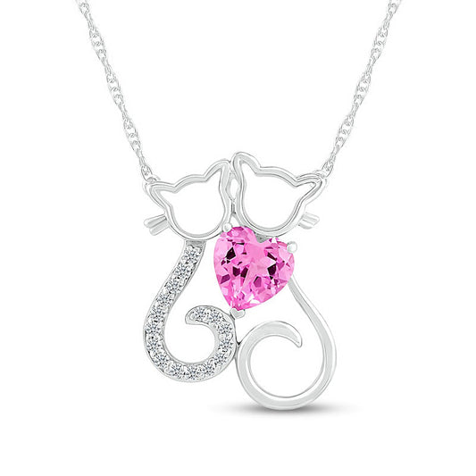 6.0mm Heart-Shaped Pink and White Lab-Created Sapphire Motherly Love Cat and Kitten Necklace in Sterling Silver