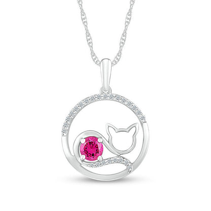 4.5mm Pink and White Lab-Created Sapphire Circle Frame Cat Pendant in Sterling Silver