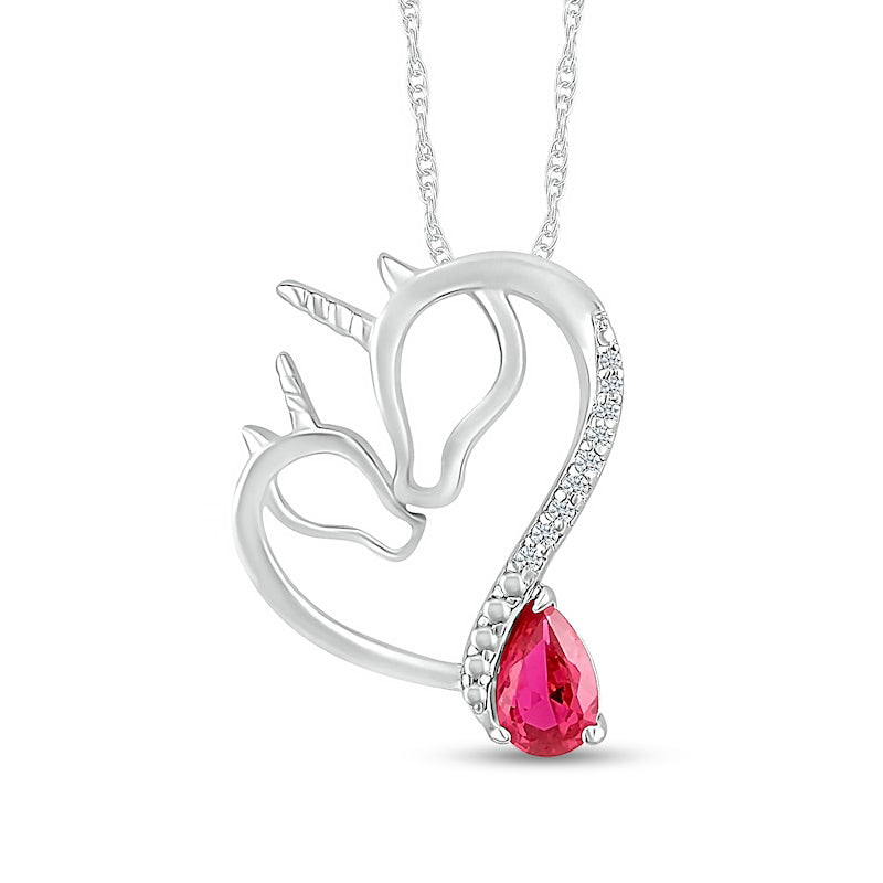 Pear-Shaped Lab-Created Ruby and Diamond Accent Motherly Love Unicorn Horse and Foal Heart Pendant in Sterling Silver