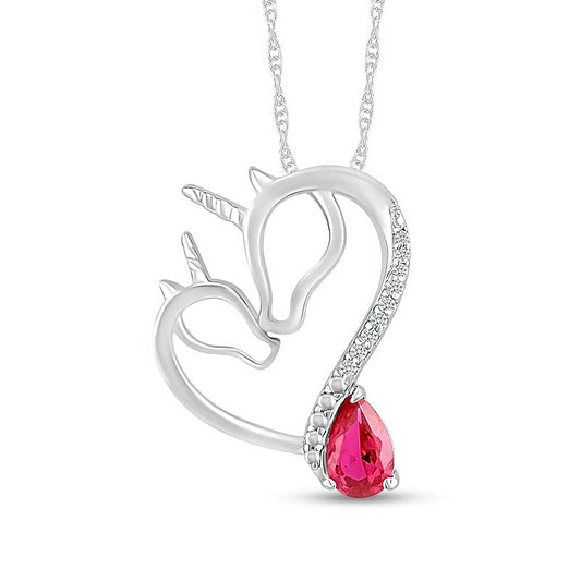 Pear-Shaped Lab-Created Ruby and Diamond Accent Motherly Love Unicorn Horse and Foal Heart Pendant in Sterling Silver