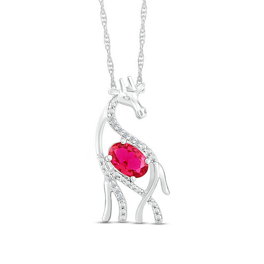 Oval Lab-Created Ruby and Diamond Accent Beaded Giraffe Necklace in Sterling Silver