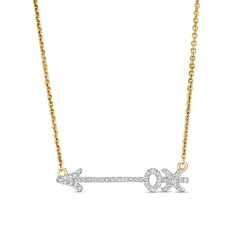 0.17 CT. T.W. Natural Diamond XO" Arrow Necklace in 10K Yellow Gold"