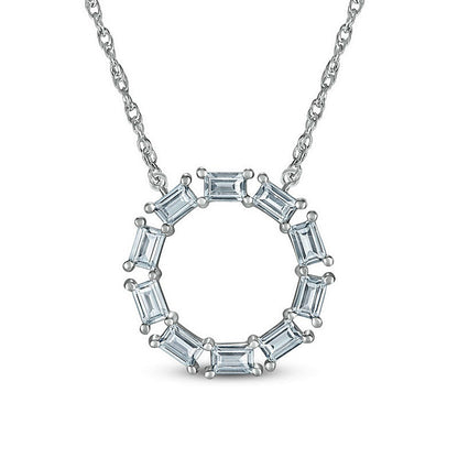 Baguette White Lab-Created Sapphire Geometric Open Circle Pendant in Sterling Silver