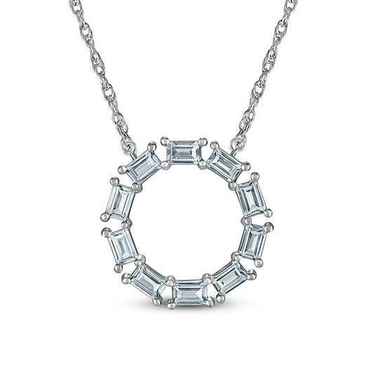 Baguette White Lab-Created Sapphire Geometric Open Circle Pendant in Sterling Silver